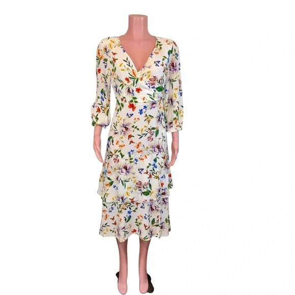 La Roque | Dresses | La Roque Faux Wrap Midi Dress Sz Md Silk Blend Floral  Print Puff Sleeve Feminine | Poshmark